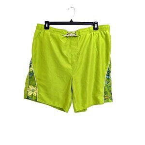 Mens Size XL Swim Shorts Tropical Elastic Waist Neon Green Beach Bill Blass